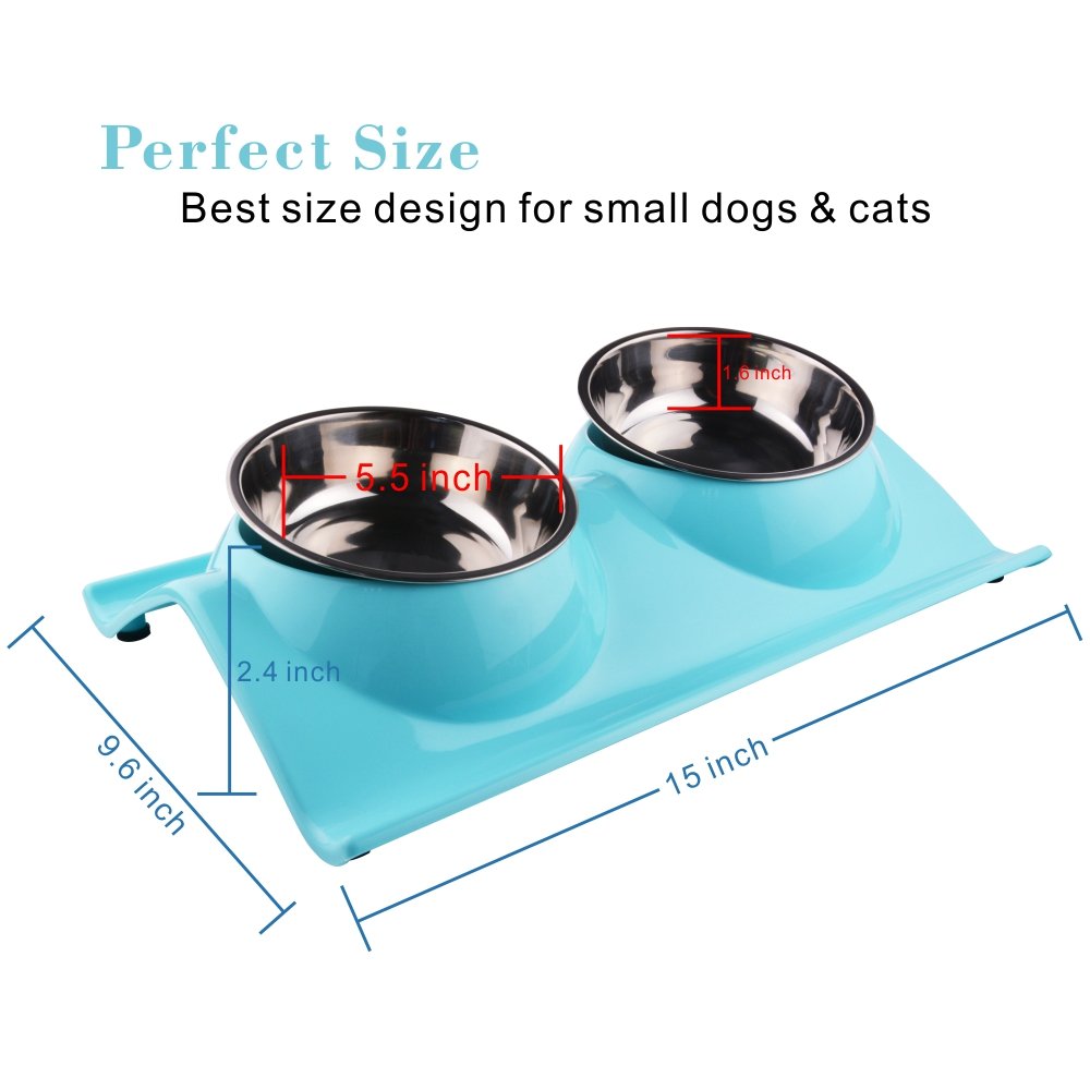 Double Dog Cat Puppy Bowls Stainless Steel Pet Bowls Pet Food Water Feeder with Non Spill Skid Resistant Base for Small Dogs and Cats (blue)