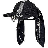 THESSNCE Y2k Hat Punk Hats Denim Bunny Hat Chains Distressed Baseball Cap Kpop Outfits Y2k Grunge Hats for Women