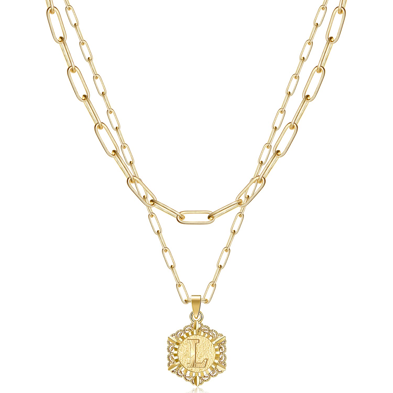 KissYan Initial Necklaces for Women, 14K Gold Plated Hexagon Letter Pendant Silver Chain Dainty Layered White Gold Paperclip Link Adjustable Capital A-Z Choker Necklace Trendy Jewelry Gifts