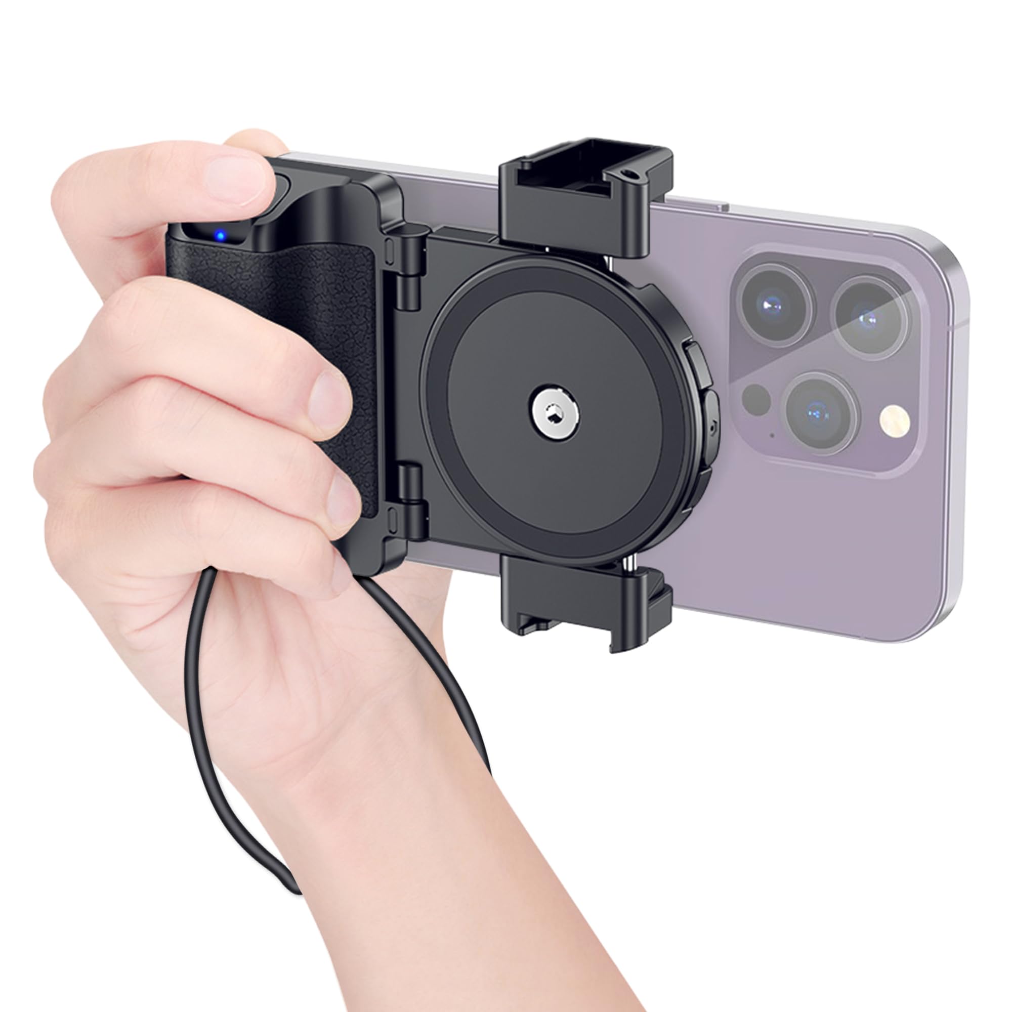 Compact Smartphone Handle Grip Holder with Detachable Wireless Remote Control & Cold Shoe Mounts Compatible with iPhone 16 15 14 13 12 11 Galaxy PIXEL MATE 55-90 mm Wide for Vlog Video Photo (Black)