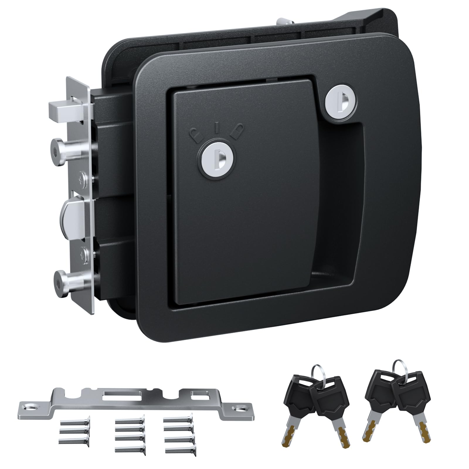 Photo 1 of HZRVTECH All-Metal RV Door Lock Replacement, Black Motorhome Door Latch Lock Fits 4.25" x 4.50" Opening for Class A and Class C RVs, Includes 4 Keys