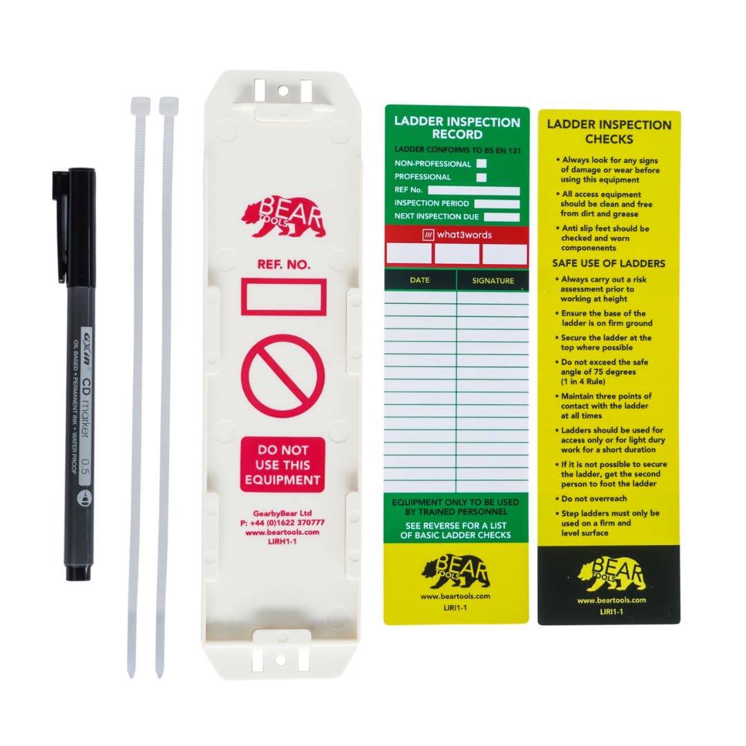 BearTOOLS® Ladder Tags | Weatherproof Inspection Record Kit | for Ladder Safety, All Step Sizes | Complete with Cable Ties (Holder, 2 Inserts, Marker)