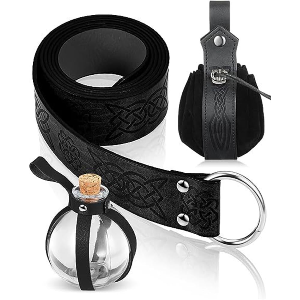 DONGKER 4 Pcs Leather Belt Pouch, Magic Bottle Holster Round Ball with Wooden Cork Drift Bottle&Cork Medieval Bag, Viking Belt Renaissance Accessories for Halloween Cosplay Knight
