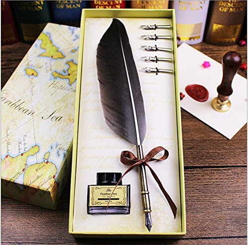 Calligraphy Feather Pen -European Style Retro Feather Dip Pen Ink with Extra 5PCs Metal Nibs Antique Feather Writing Wedding Quill Ink Dip Pen