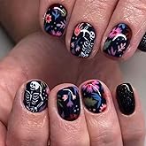 Black Halloween Press on Nails Square Creative Skull Fake Nails Short Glue on Nails with Colorful Small Flower Designs 24Pcs Artificial Acrylic False Nails for Manicure Halloween Nail Press ons