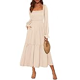 MASCOMODA Womens 2026 Spring Long Sleeve Casual Midi Dress Smocked Square Neck High Waist Flowy A Line Wedding Guest Dresses
