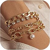 KummerSaprk Chunky Gold Bracelet Stack Pearl Link Chain Gold Charm Bracelet Accessories for Women Jewelry Set Costume Jewelry
