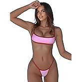 EDOLYNSA Women Micro Bikini Set Color Block Swimsuit Sexy Thong Bathing Suit High Cut Mini Swimwear Spaghetti Strap Beachwear