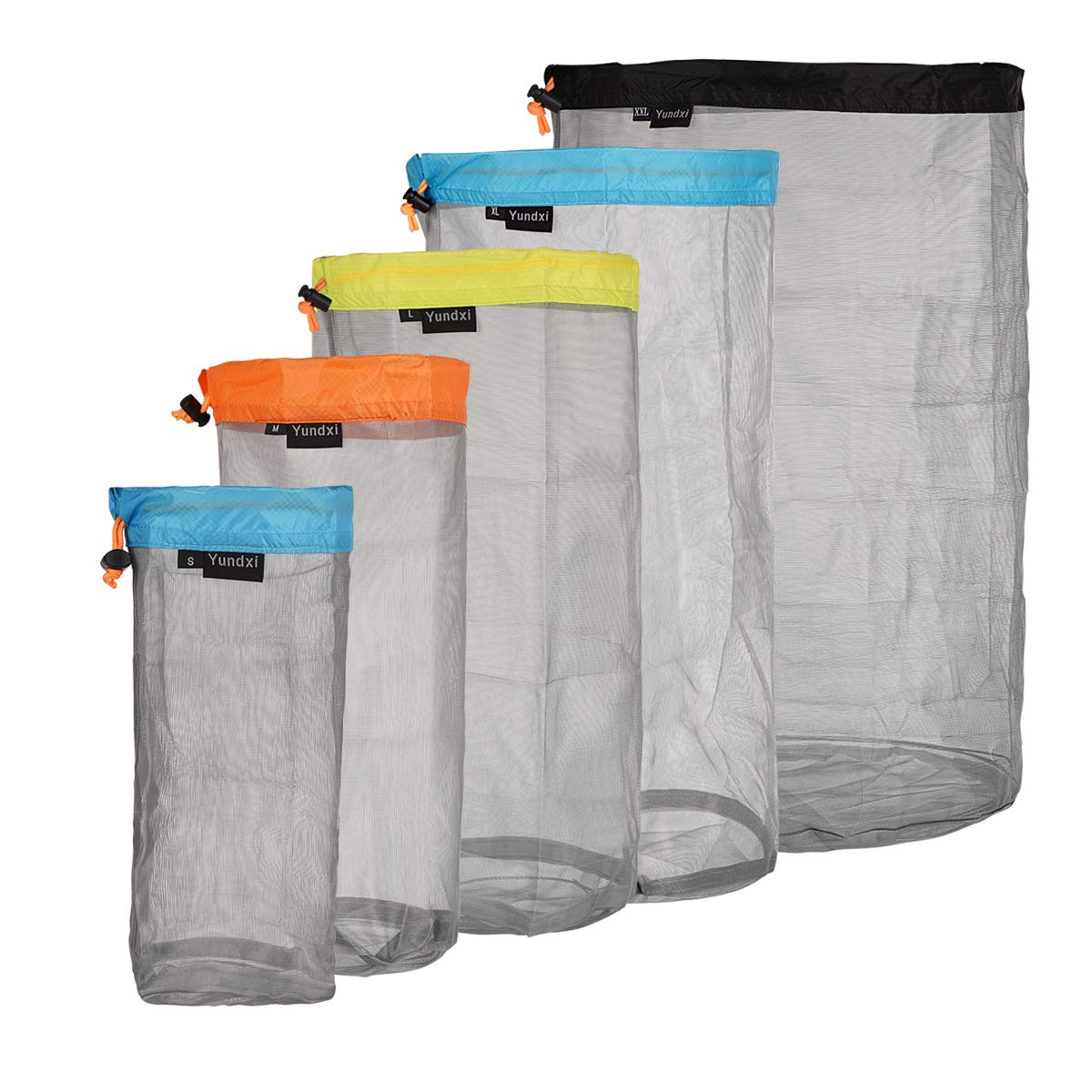 Yundxi Ultralight Ultra Stuff Sacks Set Mesh Drawstring Storage Bags Set for Travelling Camping Hiking (Set of 5 Pieces)