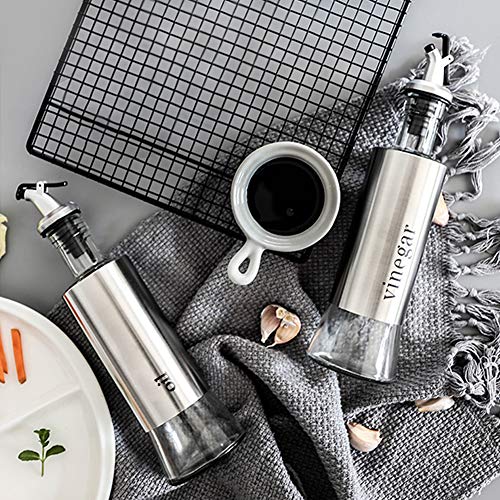 Oil and Vinegar Dispenser Set, Glass Olive Oil Vinegar Bottle Set with Stainless Steel Shell, 2-Pack 10.3 Oz[300ml] Oil & Vinegar Cruets with Drip-Free Pourers and Funnel for Easy Pouring - Thumbnail 5