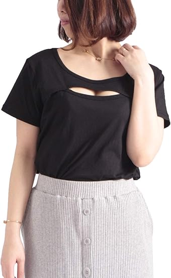 Amazon ゴールドジャパン 大きいサイズ レディース トップス カットソー Tシャツ 谷間 セクシー 半袖 コットン カッティング Tシャツ カットソー 通販