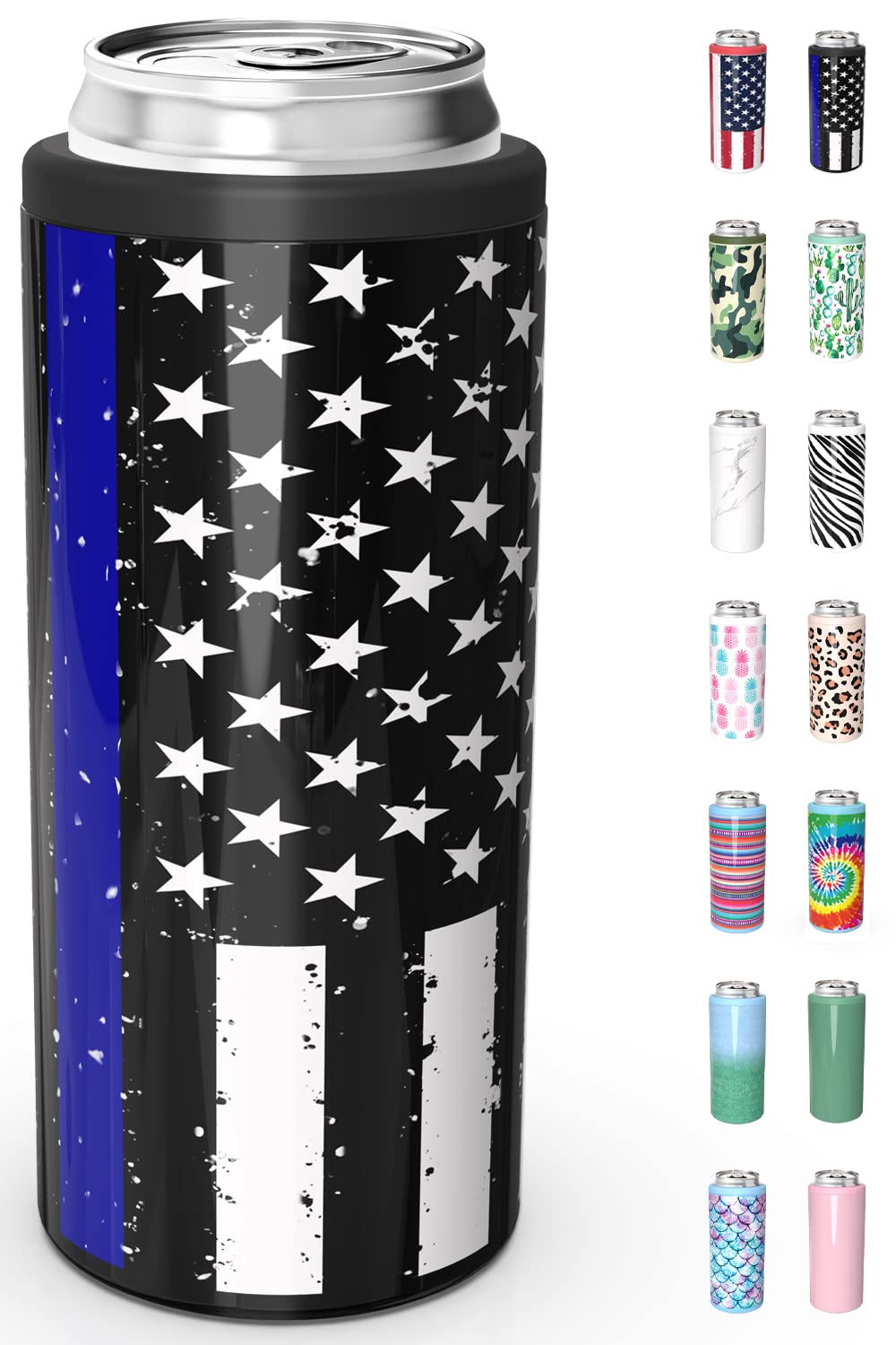 Photo 1 of TILUCK Skinny Can Cooler for Slim Beer & Hard Seltzer, Stainless Steel, Doucle-Walled Stainless Steel Insulated Slim Cans, Standard 12 oz (Black U.S. Flag)