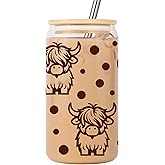 Lovearth Highland Cow Cup, Cow Print Stuff, Cute 16 oz Glass Cup with Lid & Straw, Highland Cow Gifts for Women, Teen Girls, Her, Mom, Funny Mothers Day, Birthday Gifts for Cowgirls, Coffee Lovers
