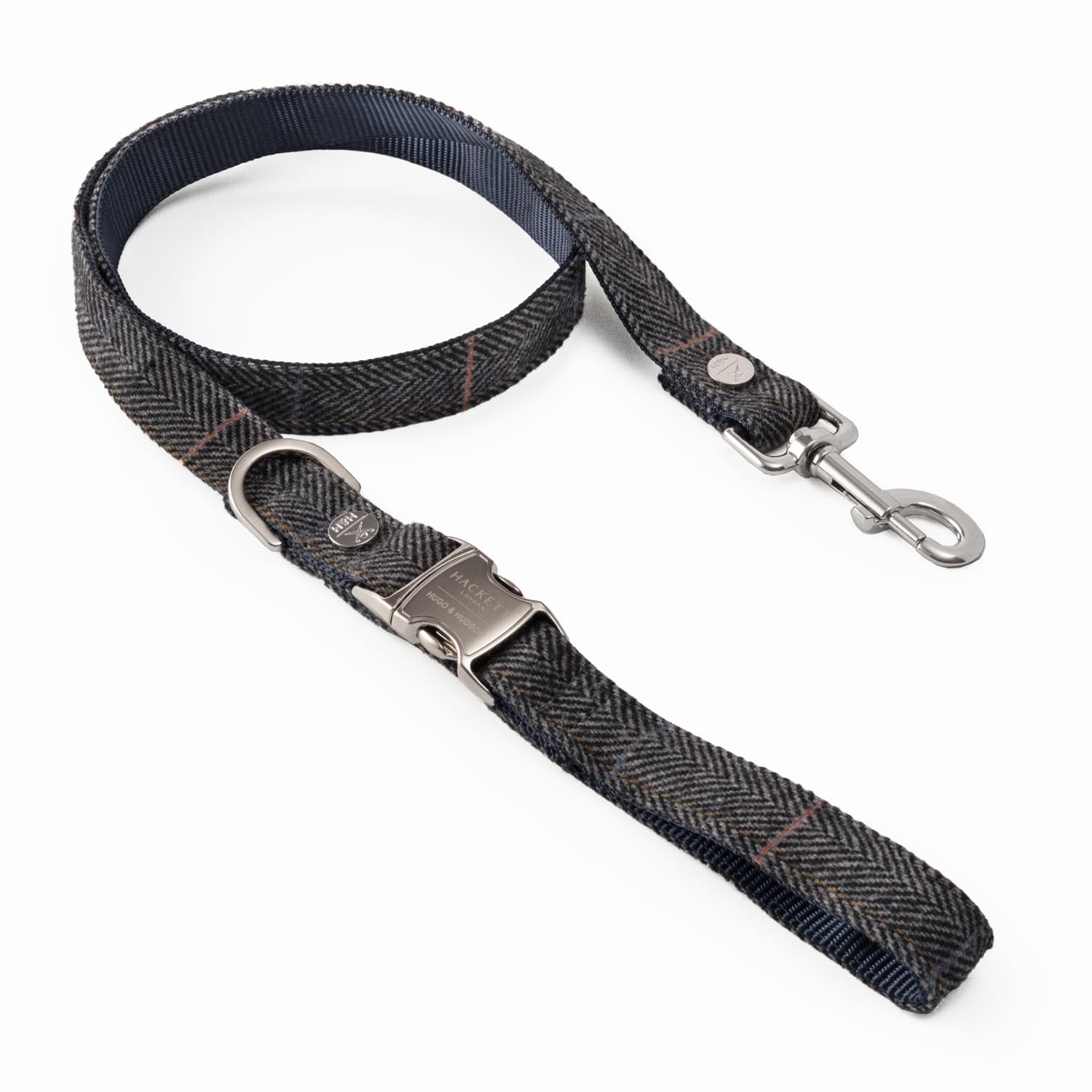HUGO & HUDSON x HACKETT Tweed Dog Lead Soft Padded Handle, Grey Checked Herringbone, 120 x 1.5cm