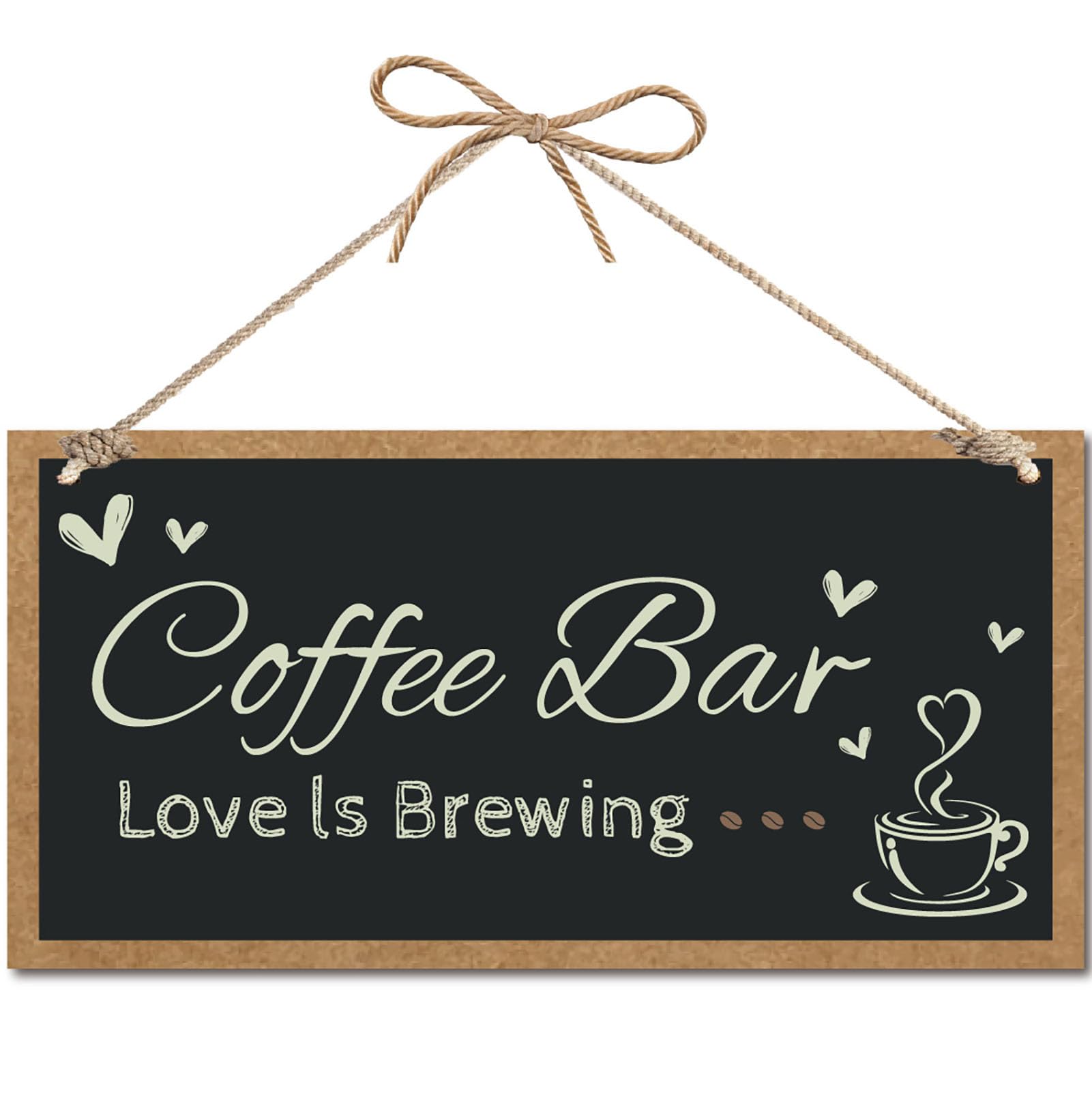 CREATCABIN Coffee Bar Wood Hanging Sign Wood Sign for Front Door Decor Black Wooden Rustic Farmhouse Sign Wall Hanging Plaque Decorative with Jute Twine for Porch Background 11.8x7Inch-Love ls Brewing
