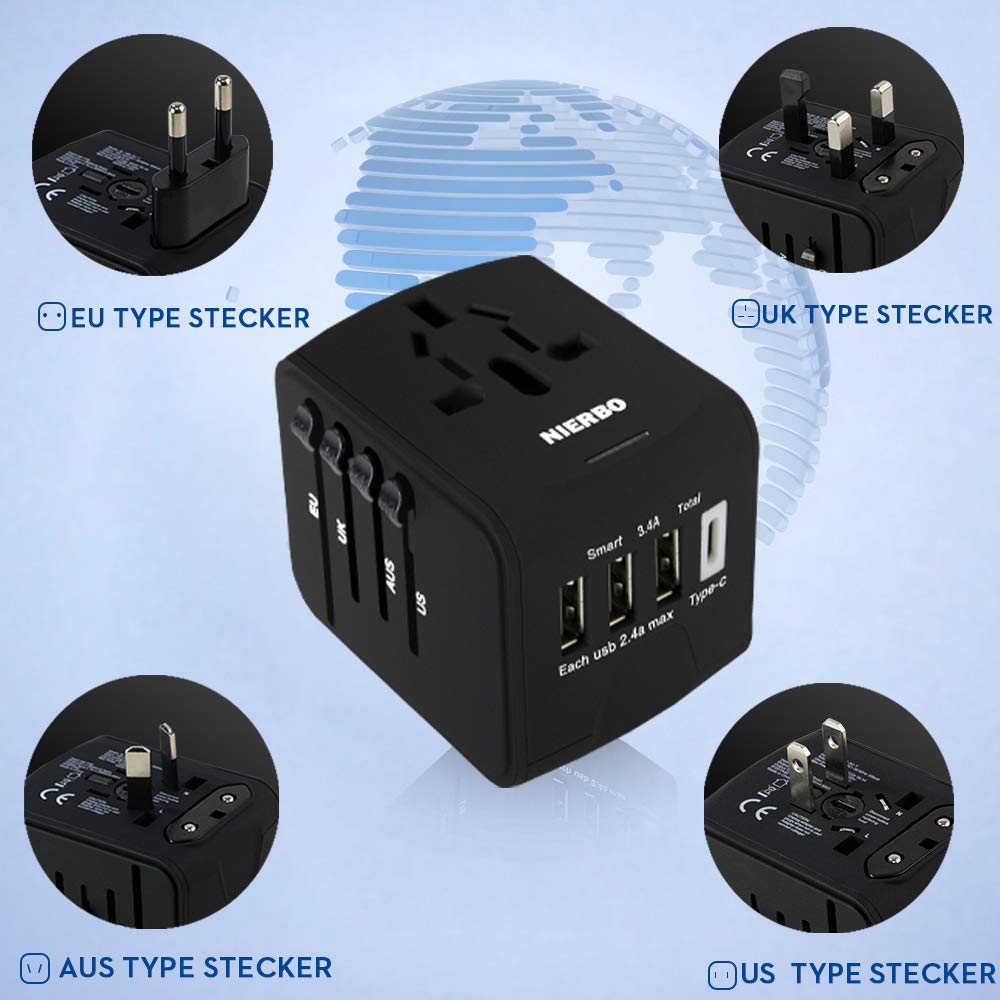 Adaptateur de Voyage Universel, NIERBO Voyage International Chargeur Convertisseur 3 Ports USB + 1 Type C pour US UK AUS EU FR IT