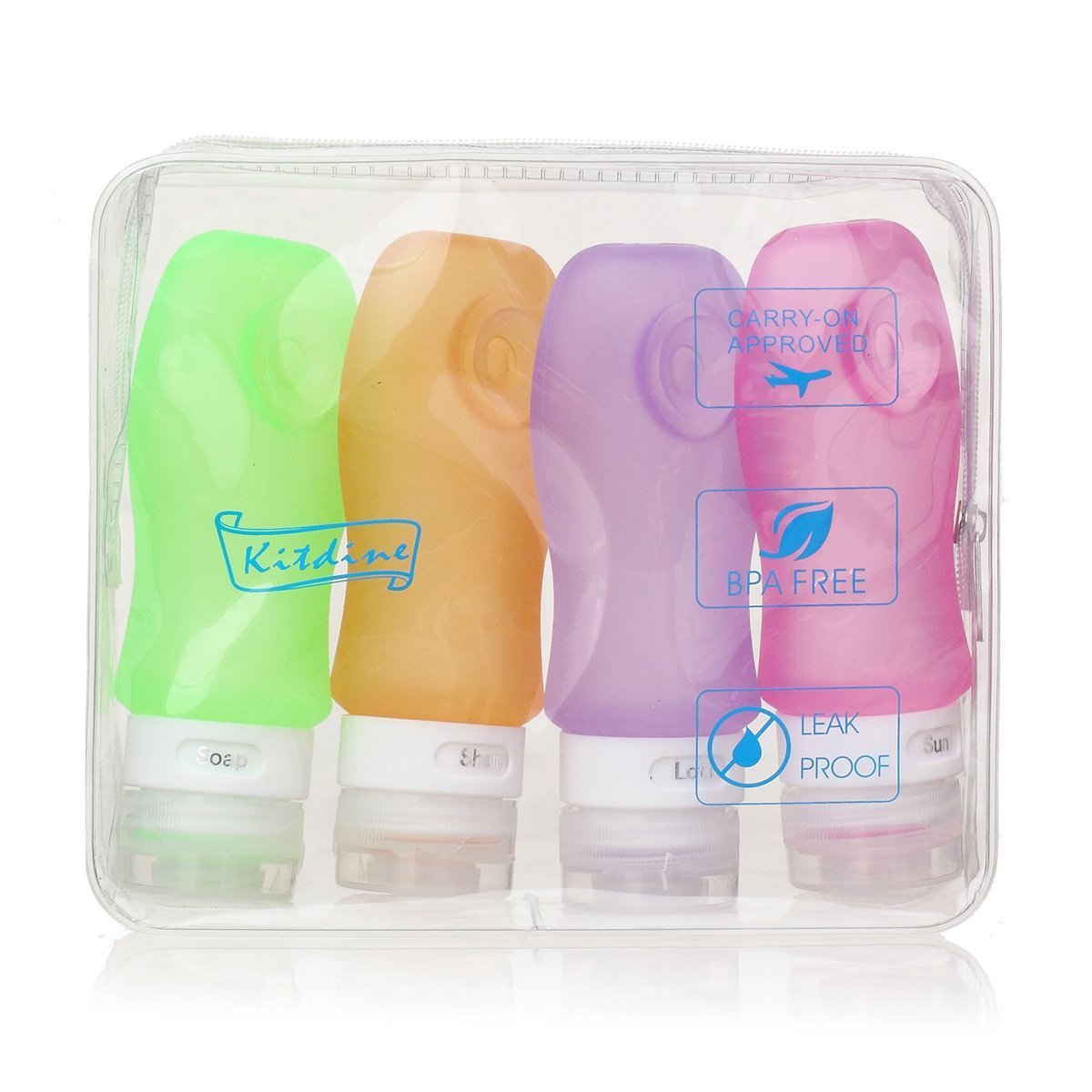 Kitdine Squeezable & Refillable Silicone Travel Bottles Containers - For Shampoo, Conditioner, Lotion, Toiletries - 4 Pack (3OZ, Pink + Orange + Green + Purple) by Kitdine
