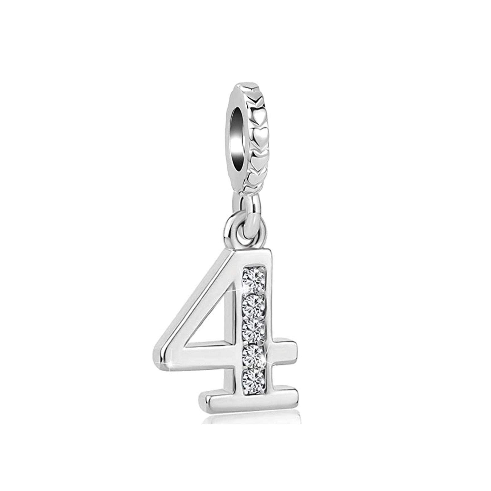 Lucky Number 4 Four Charm fits Pandora Charms Bracelets Anniversary Birthday Jewellery Gift for Women Friends Silver Tone Crystal Clear CZ