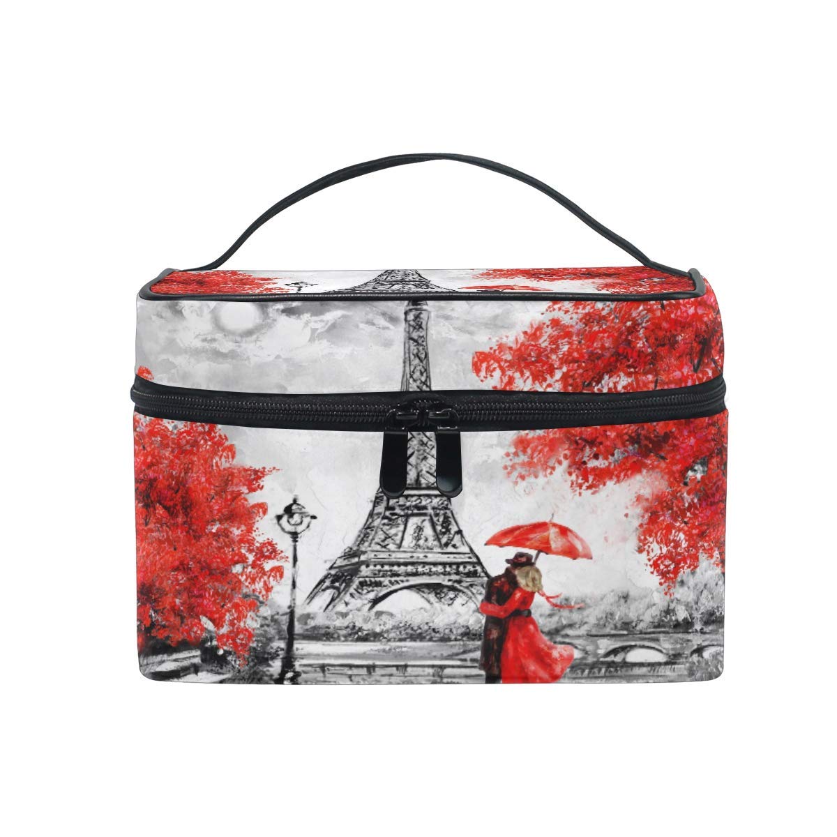 Makeup Bag, Oil Painting Paris Eiffel Tower Portable Travel Case Large Print Cosmetic Bag Organizer Compartments for Girls Women Lady
