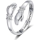 Hug Ring Always Sister Forever Friend Statement A Hug of Love Promise Open Rings Adjustable Sterling Silver Plated Crystal Friendship Birthday Jewelry Gifts for Women My Beautiful Ststers