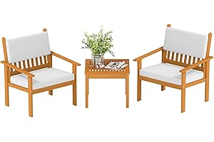 FDW 3-Piece Patio Furniture Set Acacia Wood Patio Bistro Set Outdoor Chat Conversation Table Chair Set Wood Chat Set with Water Resistant Cushions and Coffee Table Chairs for Beach Backyard Garden