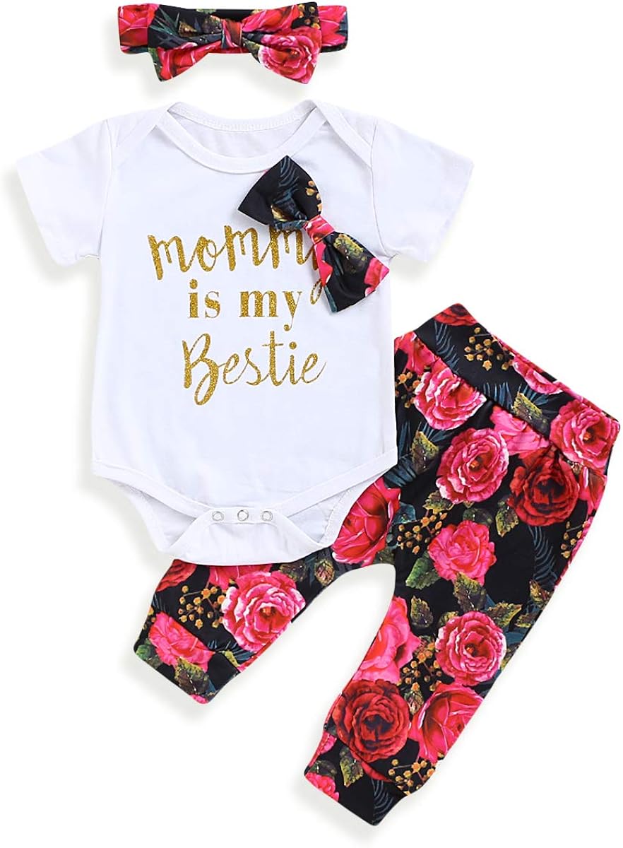 Newborn Baby Girls Clothes Auntie's Bestie Floral Romper +Floral Pant Headband 3pcs Summer Outfit Sets