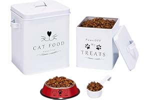 Meraki Home Farmhouse Cat Food and Treats Containers + Feed Scoop + Pet Food Bowl - Tight Lids - Large Metal Storage Bin - Great Gift for Cute Pets (Glossy White)