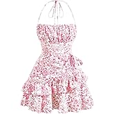 Narecte Summer Dresses for Women,Tie Halter Mini Dress,Floral Print Short Dress,Ruffle Trim Casual Dresses