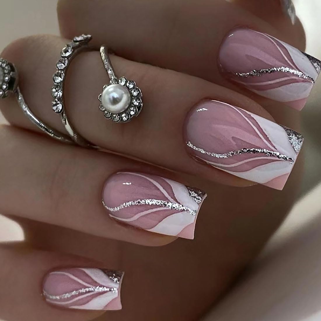 Cubahop 24pcs French Medium Square Nude Pink Nails White Flower Love Crystal False Nail Acrylic Art Gradient Fake Nails Stick on Nails for Women and Girls (A)