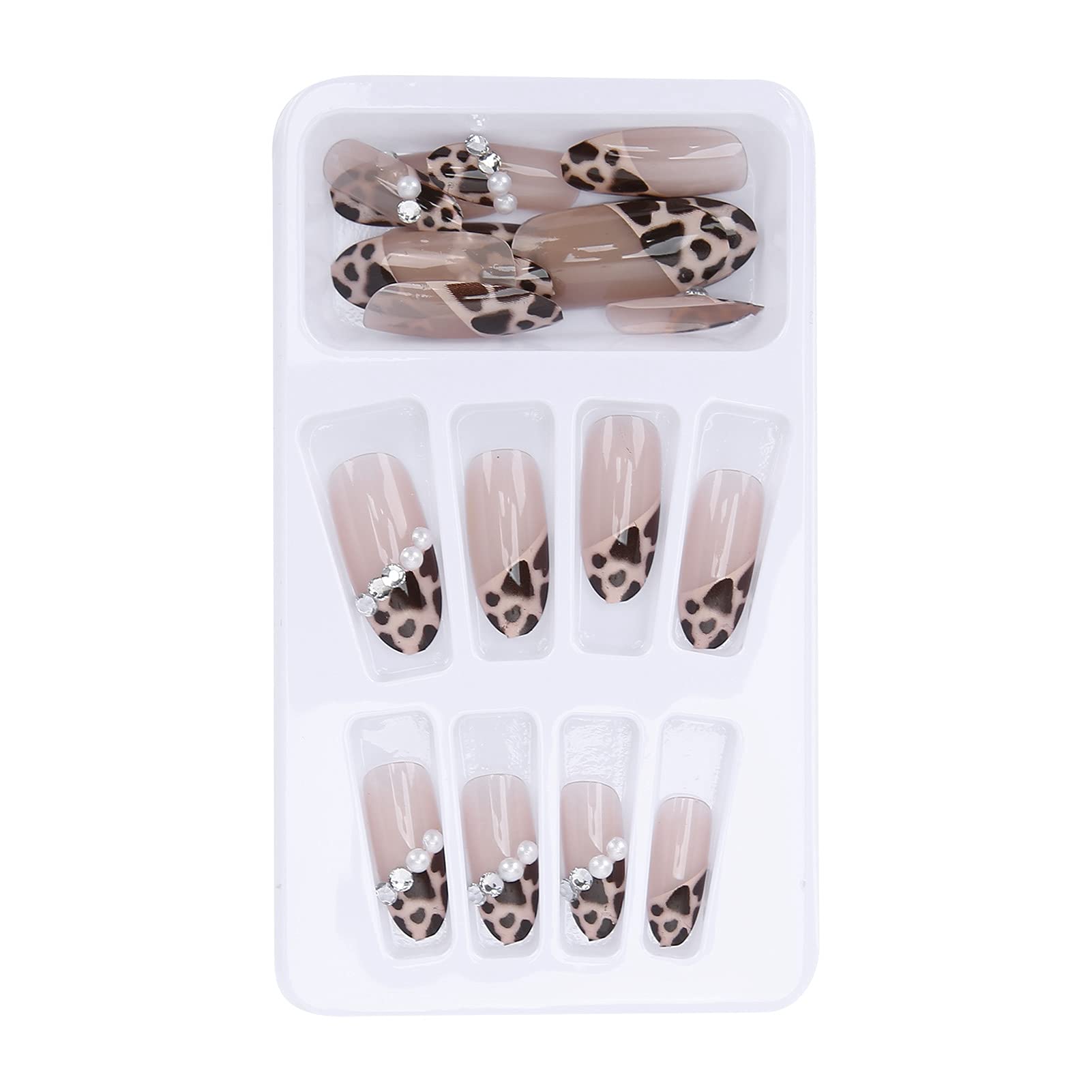 24pcs Fake Nail Tip, Leopard Print Faux Pearl False Nails Girls Full Cover Manicure Tool, Salon Fake Nails Acrylic Nails Art Tips