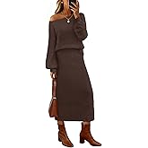 MEROKEETY Women's Fuzzy 2 Piece Outfit Winter Long Sleeve Off Shoulder Pullover Top Midi Skirt Matching Lounge Sets