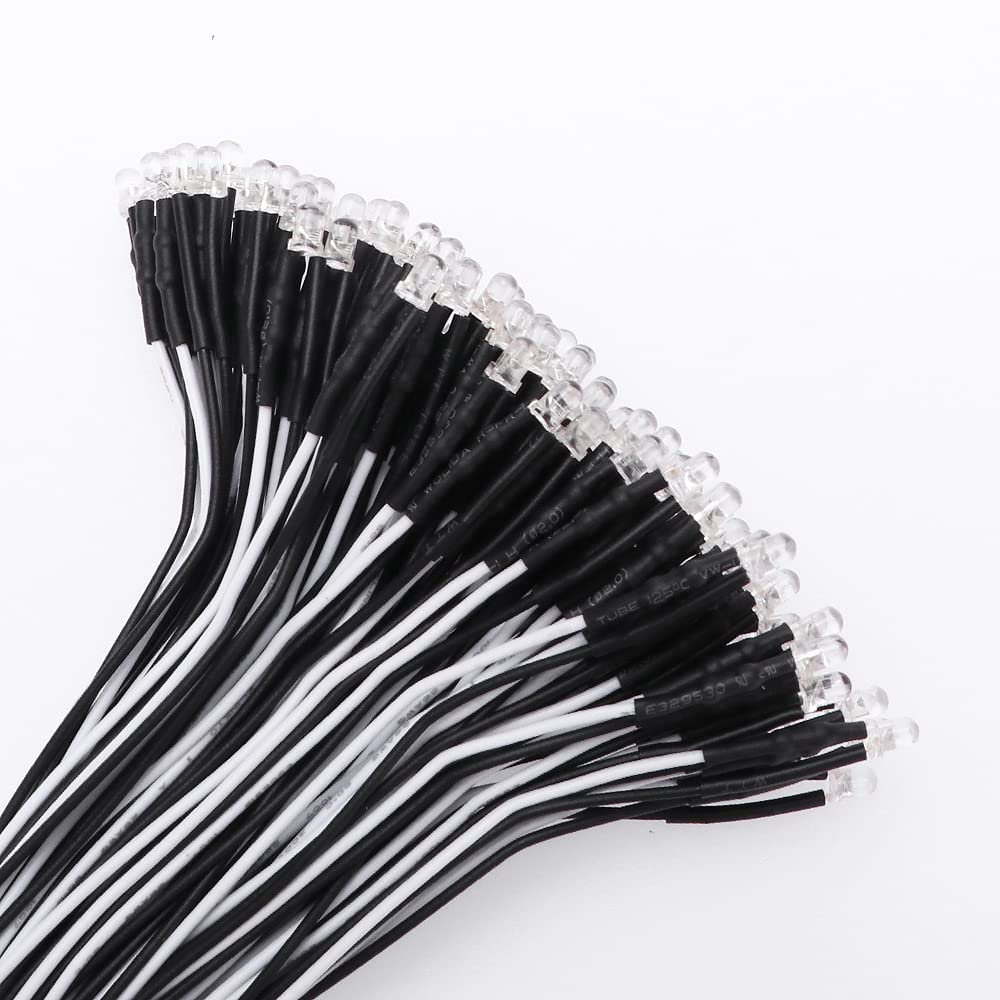 YIXISI 100 PCS 3mm LED Diodes Light, Ultra Bright 12V 20cm Pre Wired, Cold White