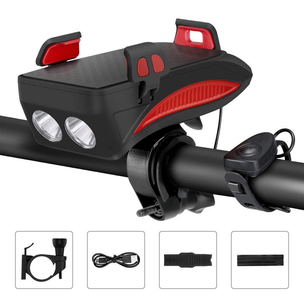 Lypulight luz Bicicleta, Luz Delantera de Bicicleta Recargable USB, luz de Ciclismo con Soporte para teléfono, Banco de alimentación de Carga USB y bocina de Alto decibelio (Cable USB Incluido)
