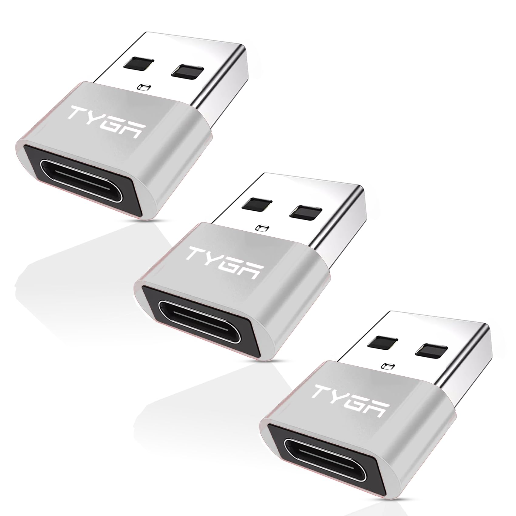 TYGA USB C to USB A Adaptor 2.0 - USB C Female to USB A Male Connector for Charging & Data Transfer, Plug-and-Play, Durable Aluminum Housing, Portable Converter for Android & IOS Devices - 3 Silver