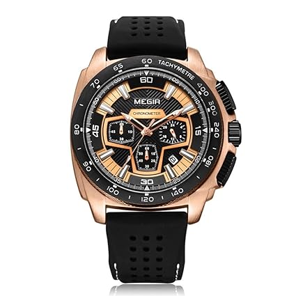 MEGIR Japanese Quartz Silicone Band Waterproof Chronograph Wristwatche for Men 2056 - Black Gold
