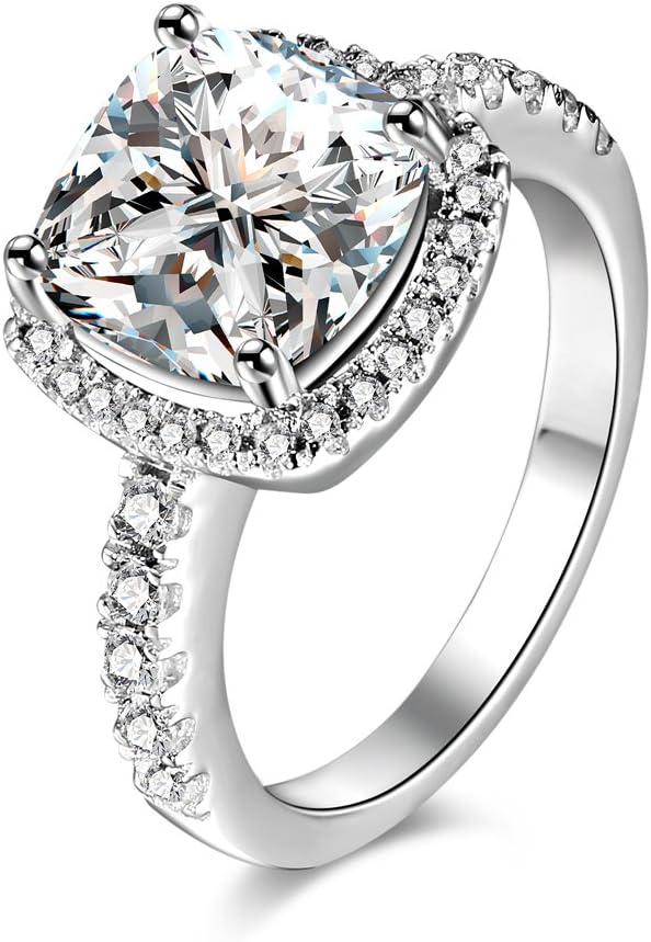 Fruity Cutie Sterling Silver Solitaire Engagement Ring - Cushion Cut [4 Carat Cubic Zirconia] - Wedding/Promise/Travel Ring (CZ - Four Ct)