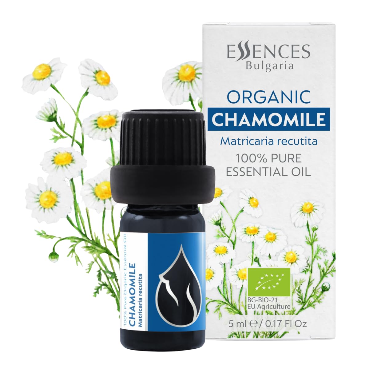 Essences Bulgaria Organic Chamomile Essential Oil - Blue 5ml | Matricaria recutita | 100% Pure and Natural | Undiluted | Therapeutic Grade | Family Owned Farm | Steam-Distilled | Non-GMO | Vegan
