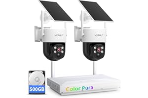 VORGUT Solar Security Camera System Wireless Outdoor, 2pcs 2K Solar Powered Home Security Cameras, Full Color Night Vision, 360° Pan Tilt, Human Detection, 2.4G/5G WiFi 10CH NVR with 500G HDD