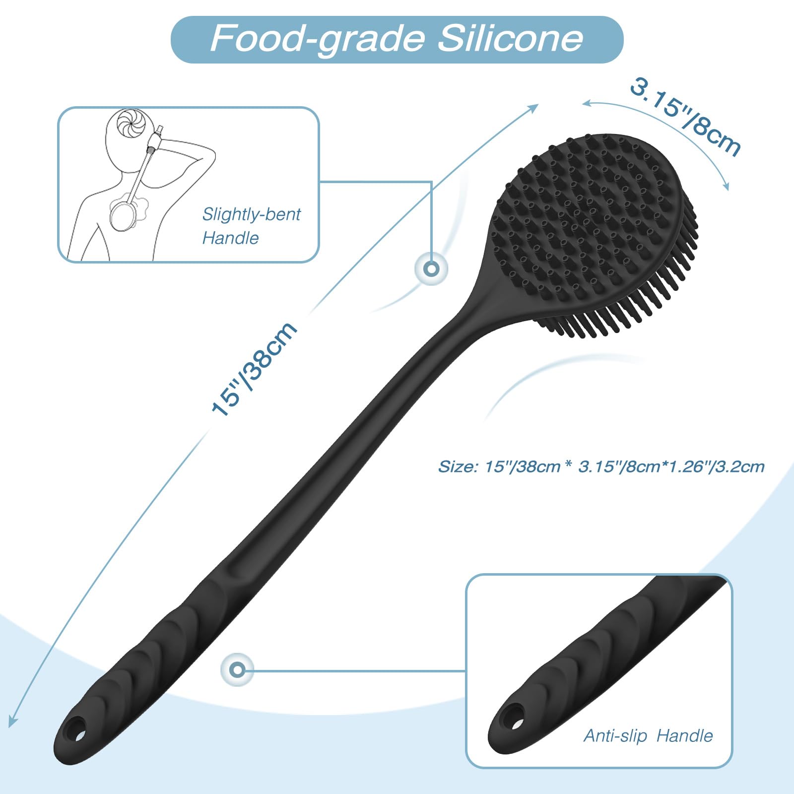 Manmihealth Silicone Back Scrubber (Thick Bristles) & Bath Glove & Face Brush Set(3PCS), Super-Exfoliating & Lathering Body Scrubber, Shower Brush, Face Scrubber Combination, with a Free Hook.(Black)