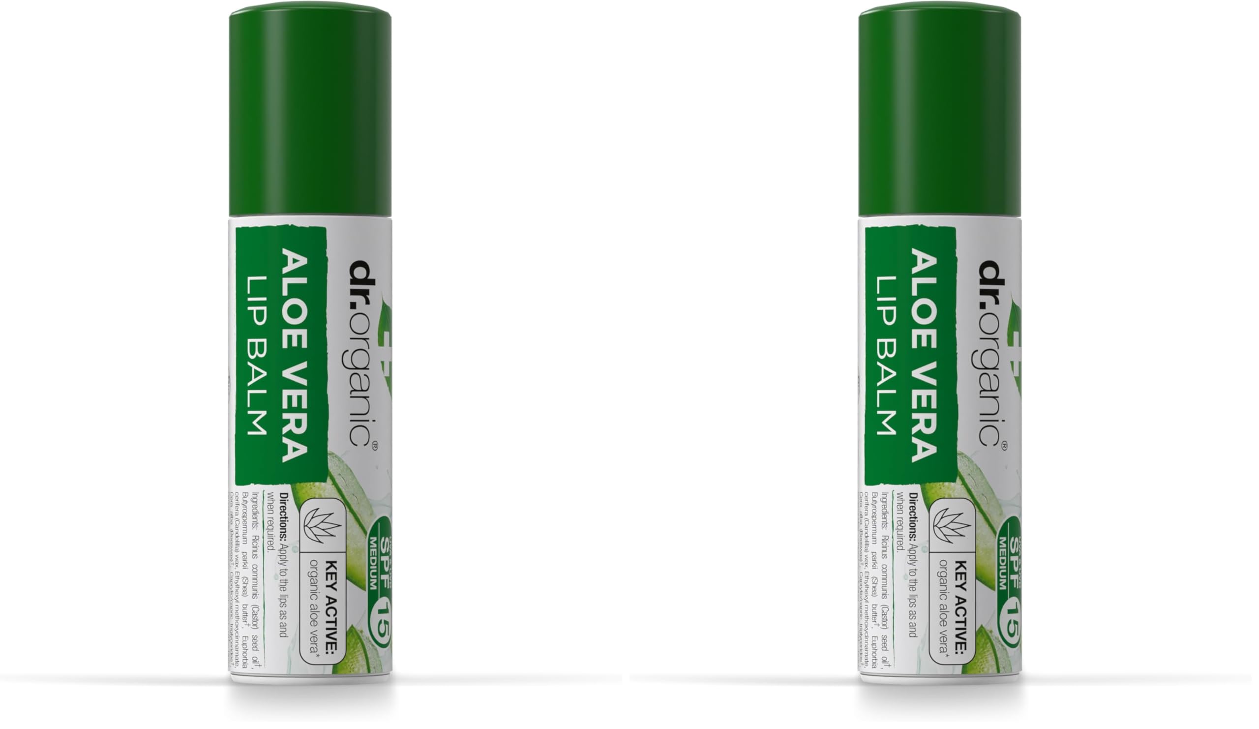 Dr Organic Aloe Vera Lip Balm, Moisturising, SPF 15, Mens, Womens, Natural, Vegetarian, Cruelty-Free, Paraben & SLS-Free, Recycled & Recyclable, Organic, 5.7ml, Packaging May Vary (Pack of 2)