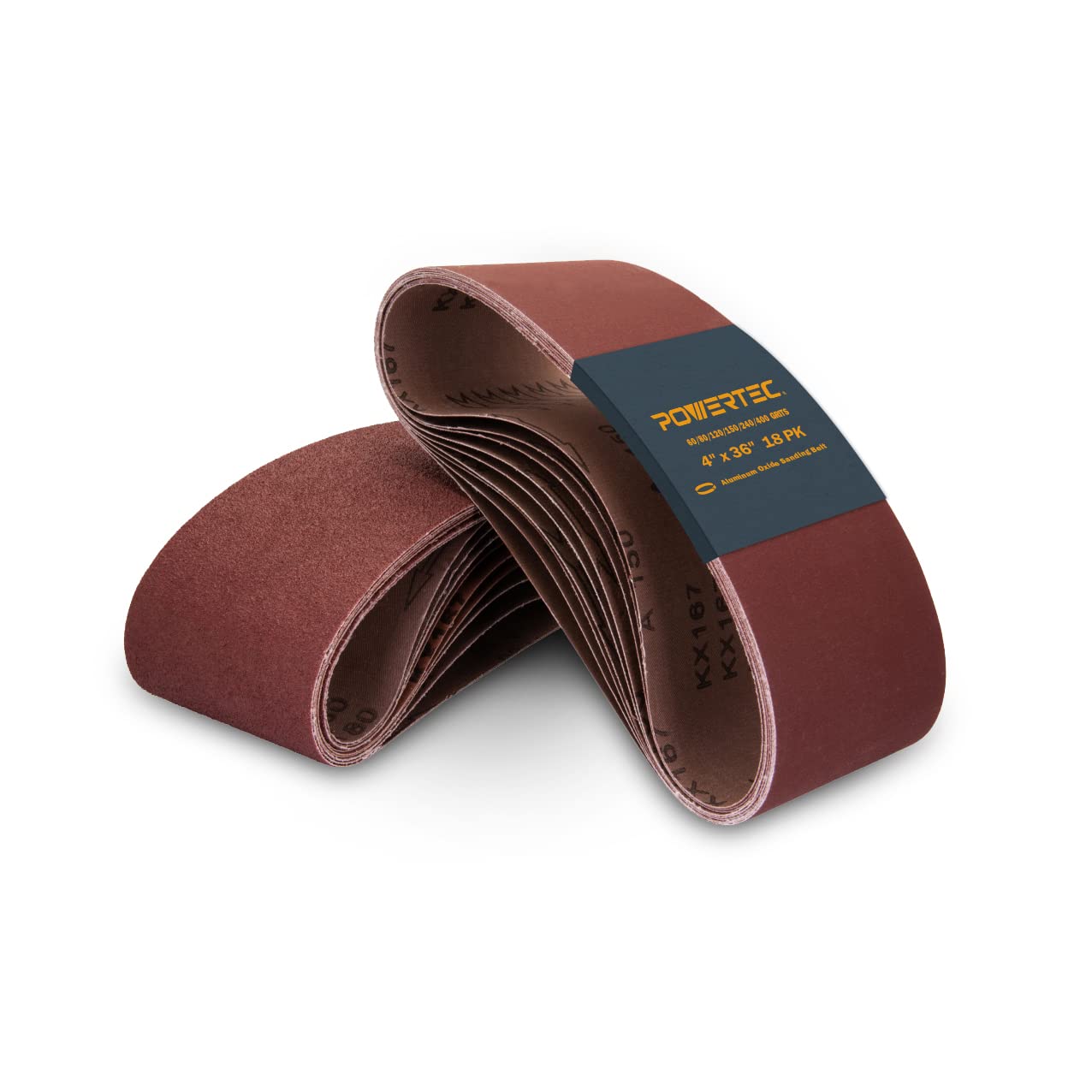 POWERTEC 110118 4 x 36 Inch Sanding Belts | Aluminum Oxide Sanding Belt Assortment, 3 Each of 60 80 120 150 240 400 Grits | Premium Sandpaper for Belt Disc Sander – 18 Pack — image 1