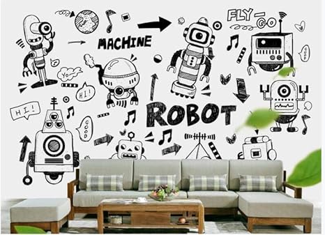 Wall Murals 3d Wallpaper Hand Drawn Doodle Robot Wallpaper Black And White Line Drawing 3d Wall Mural Living Room Sofa Tv Wall Bedroom Wallpaper 250cmx175cm Amazon Com