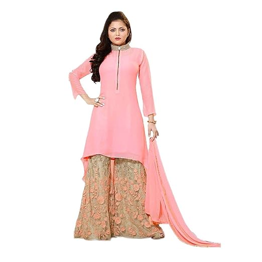Womens Georgette Salwar Suit with Palazzo (YF-98, Peach Beige, Free Size)