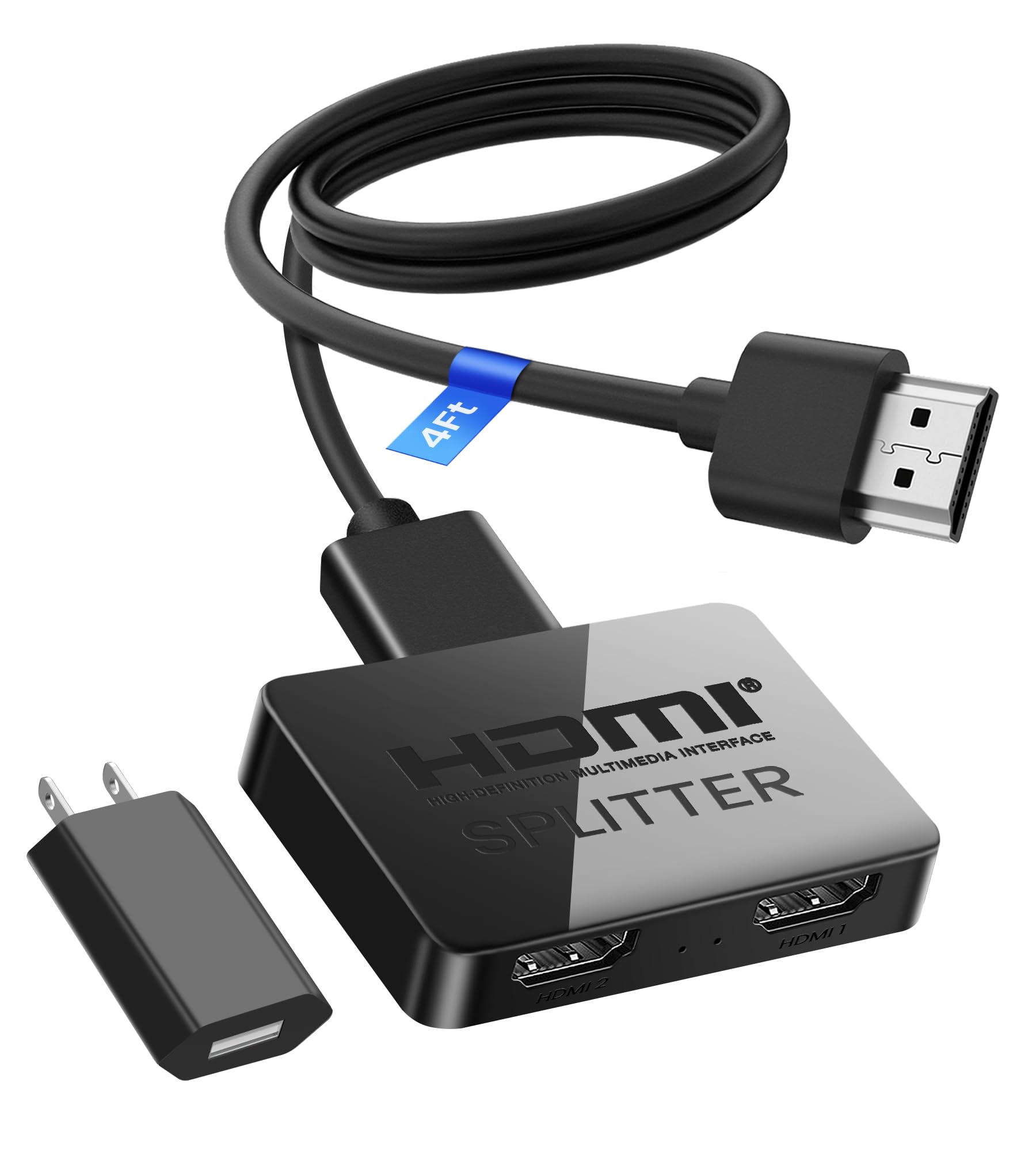Photo 1 of 4K HDMI Splitter 1 in 2 Out with Power Adapter and 4Ft Hdmi 2.0 Cable?Mirror 1 Source Screen to 2 Display Devices-Not for Extended Display, 1x2 HDMI Splitter Compatible with PS4, HDTV, Monitor