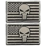 2 Pack Punisher Skull American USA Flag Velcro Patch Tactical Decorative Embroidered Badge Moral appliques (Grey)