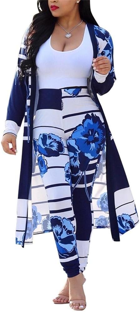 VLUNTWomens Floral Print Long Sleeve Cardigan Cover up Long Pants 2 Piece Outfits Set