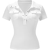 winkbay Women's Summer Collared V Neck Fitted T Shirts Y2k Button Front Ribbed Knit Dressy Casual Tops