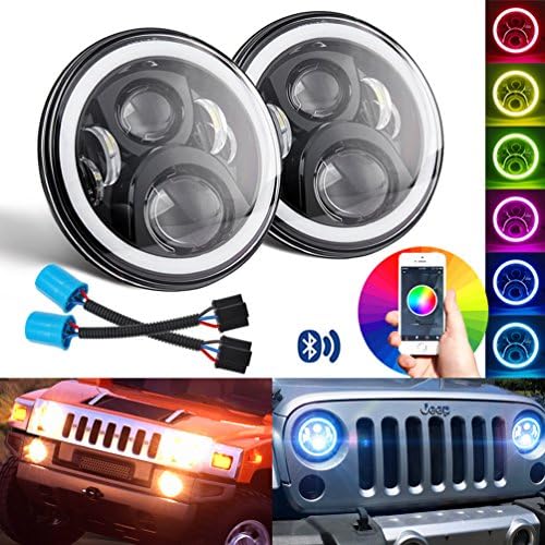 Belt&amp;Road 7 inch LED Headlights RGB Halo Ring Angel Eyes 7" Round Multicolor DRL Bluetooth Remote Control for Jeep Wrangler JK LJ CJ 1997 ~ 2016 (pack of 2)