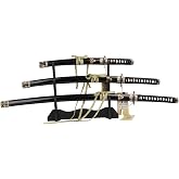 Sword Valley Kill Bill Premium Movie-Style Samurai Sword 3-Piece Set with 3-Tier Display Stand &ndash; Engraved Scabbards, Stainless Steel Blades, Waxed Cotton Handle (37.4"+30.7"+19.3")