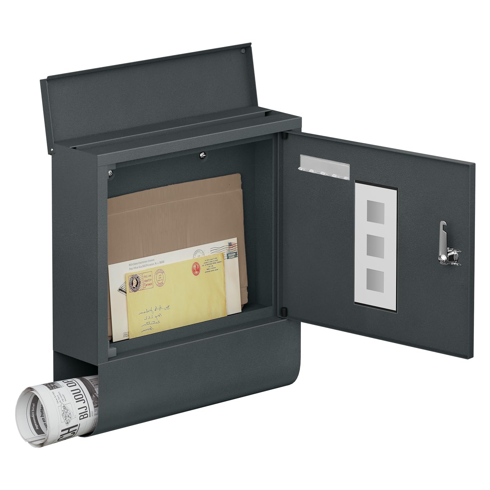 WOLTU Briefkasten Postkasten mit Zeitungsfach Sichtfenstern Namensschild, Wandbriefkasten abschließbar, mit 2 Schlüsseln, modern, Anthrazit, 30,5x33,5x9 cm 9